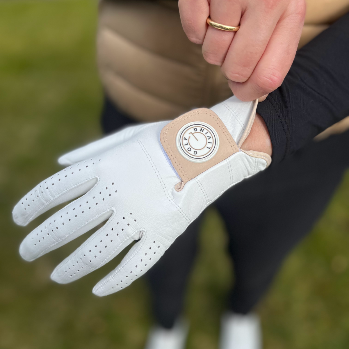 Golfhandske - Kvinder klassisk hvid m/beige klap